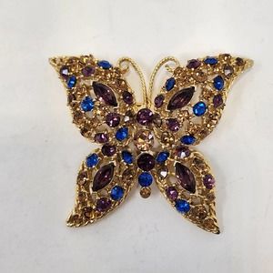 Butterfly Gold Tone Blue Purple Rhinestone Brooch Pin Statement Costume Insect